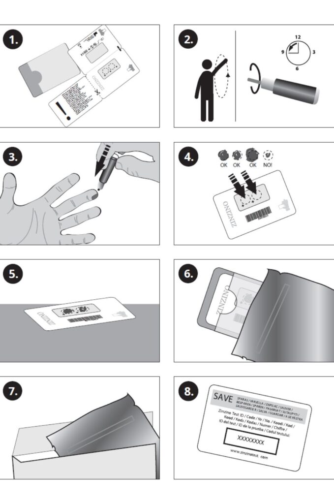 Infografía ilustrada con los 8 pasos para tomar la muestra de sangre del Balance Test de Zinzino en casa